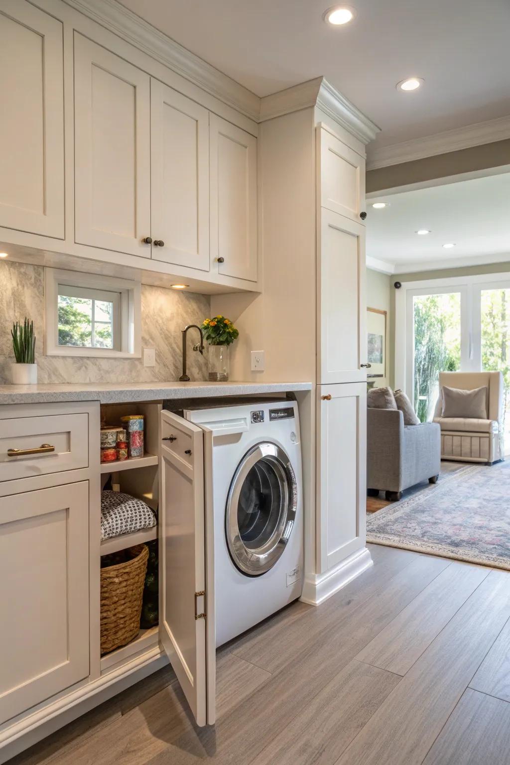 A stylish cabinet-style laundry chute subtly incorporated into kitchen cabinetry.