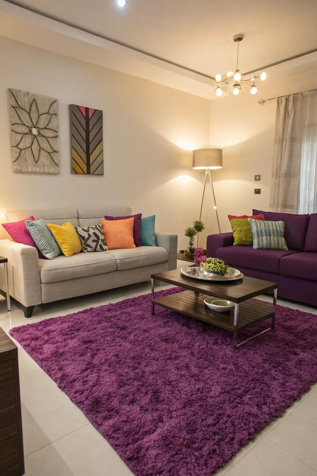 A modern living room featuring violet accents that enrich the general visual.