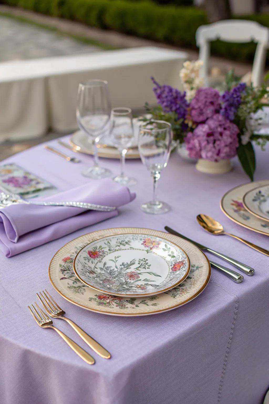 An elegant table setting that harmoniously blends soft lavender and bright silver elements.