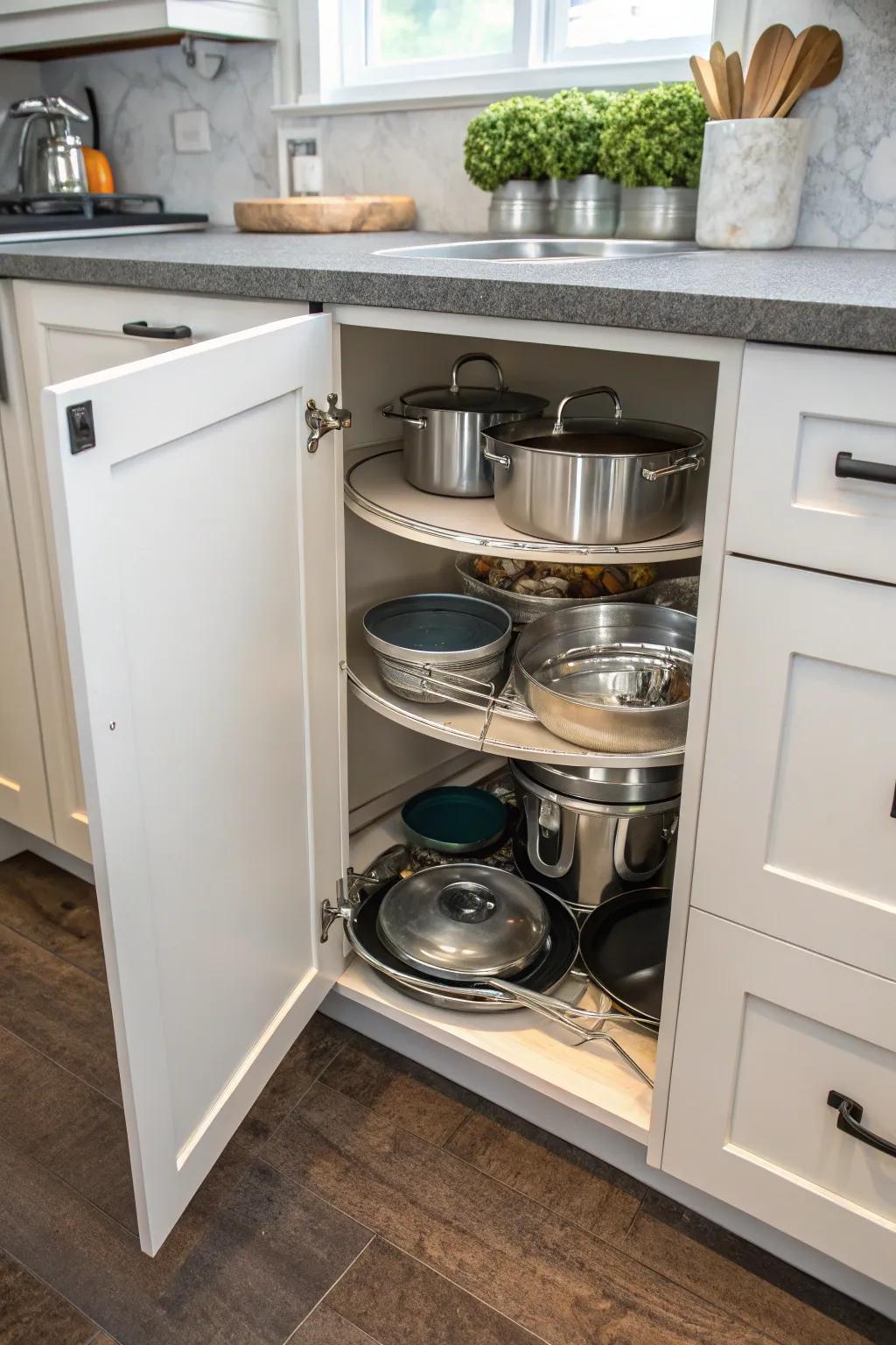 Make the most of your corner cabinets with a spinning organizer for pots and pans.