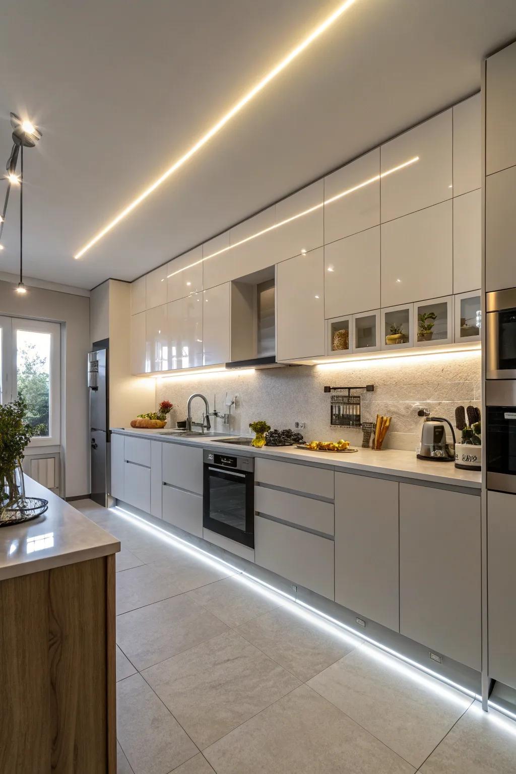 Sophisticated modern kitchen featuring practical LED strip lighting.