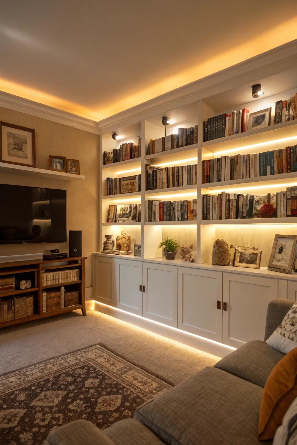 LED strip lights give shelves added depth.