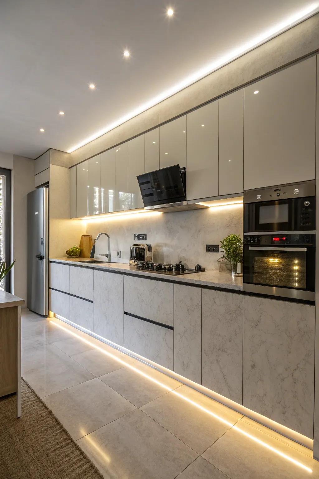 Elevate both function and flair within your cooking space through under-cabinet LED lighting.