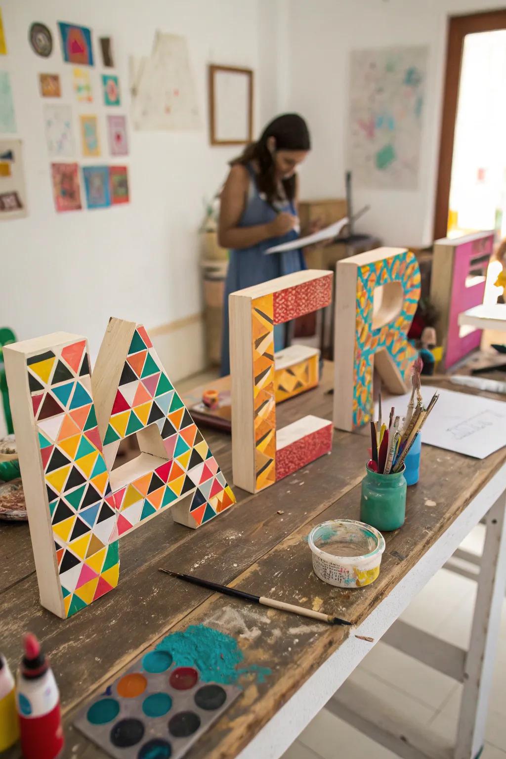 Wood letters painted using lively geometric designs.