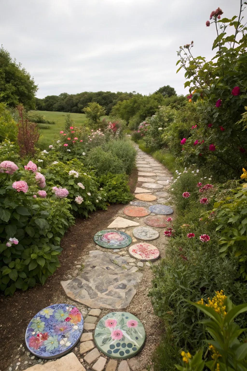 A garden path featuring vibrant stepping stones crafted from plate pieces.
