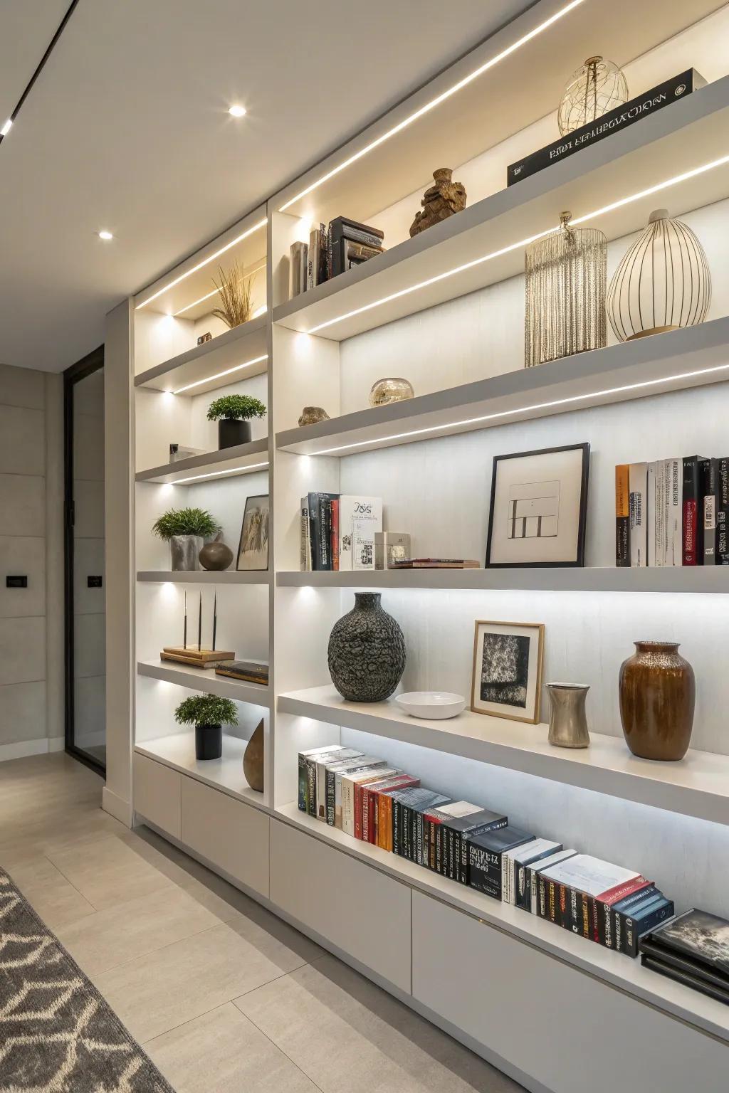 Modern open shelves showcasing a mix of books and decorative items.