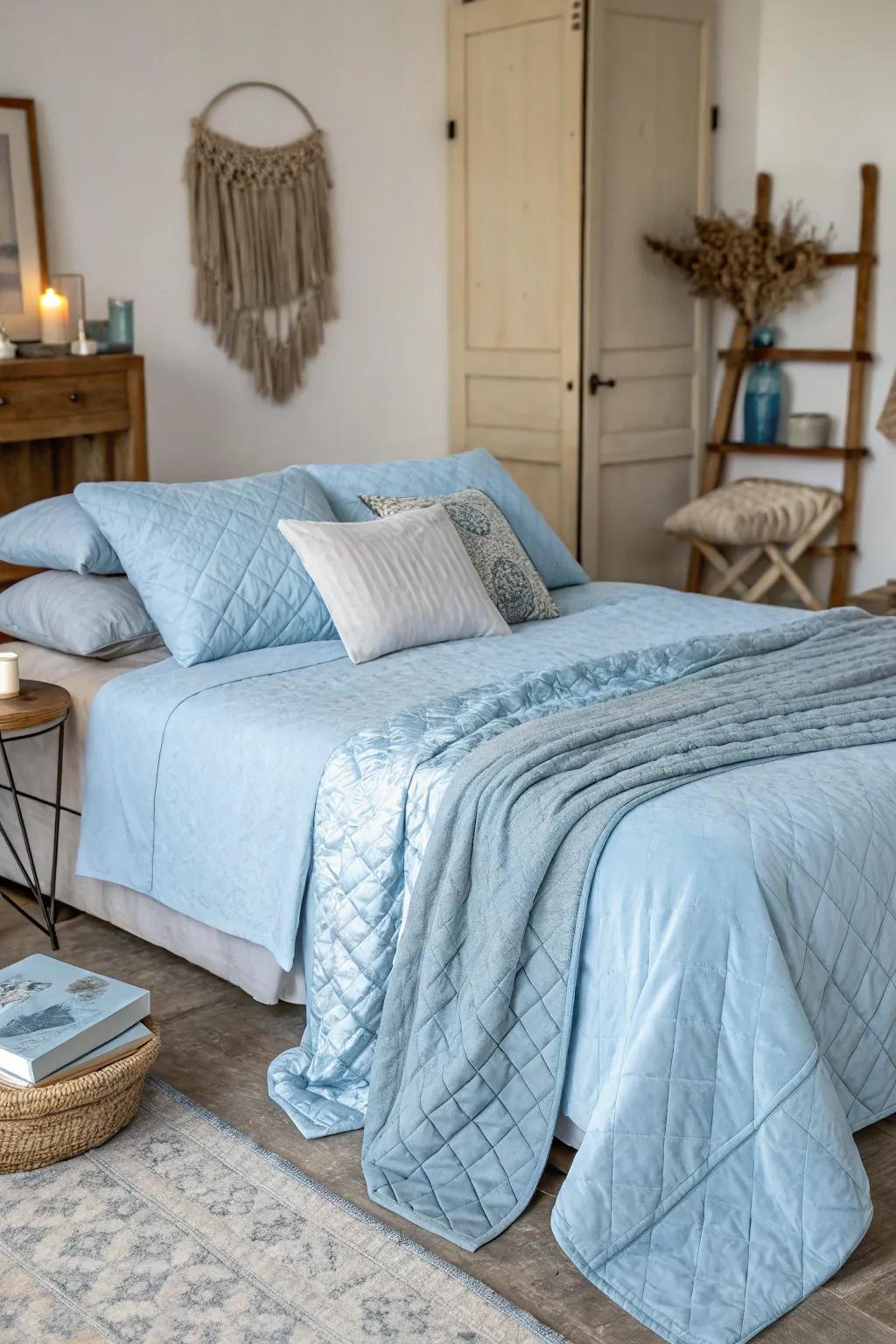 A bedroom that highlights layered textures in pale blue to enhance warmth and depth.
