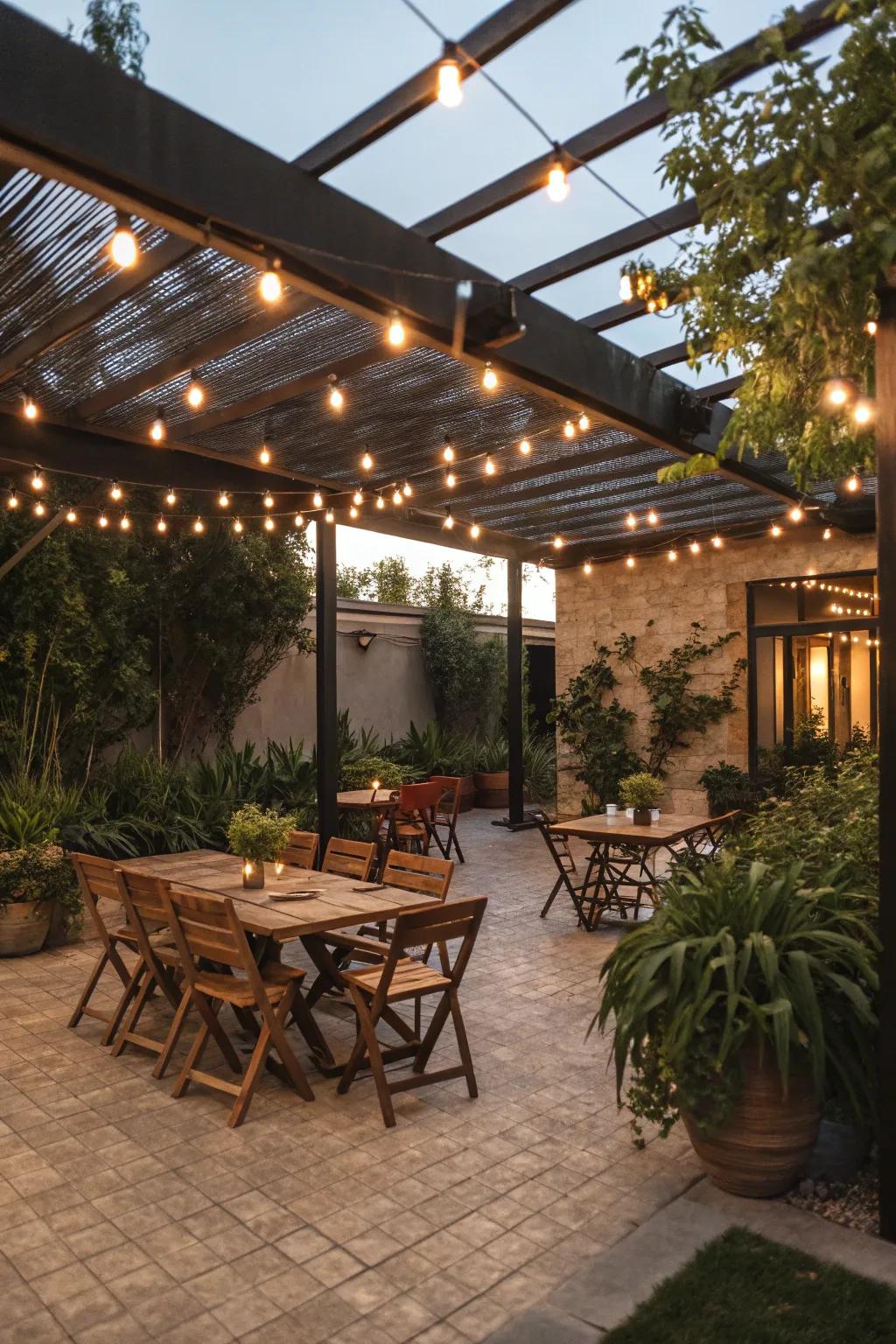A backyard area improved by strands of lights, ideal for unforgettable evening gatherings.