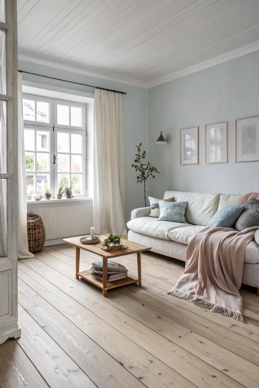 Light blonde ash flooring enhances the Scandinavian simplicity of this cozy room.