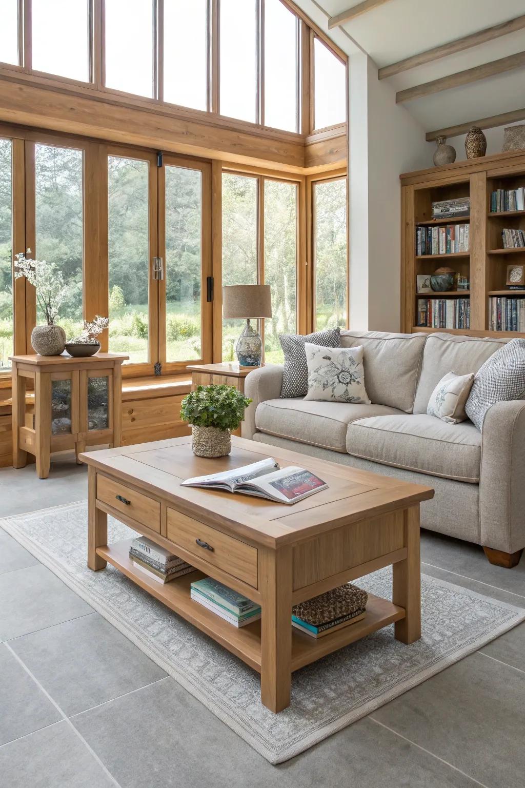 A cozy living area showcasing light grey flooring and natural wood features.