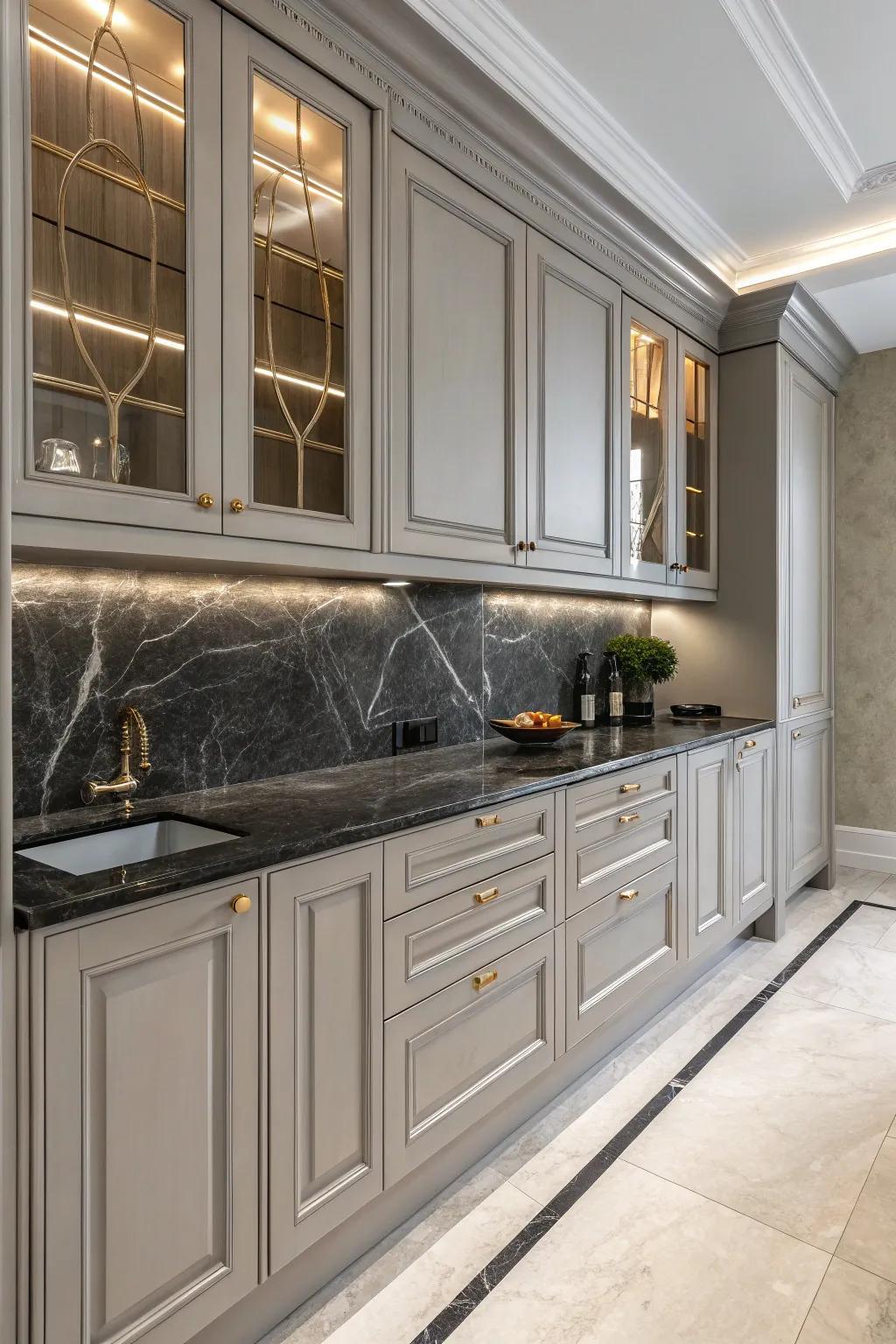 Dark worktops fashion a striking contrast against delicate grey cabinetry.