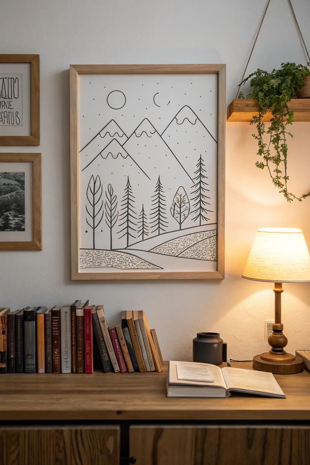 Incorporate the beauty of nature using basic line landscapes.