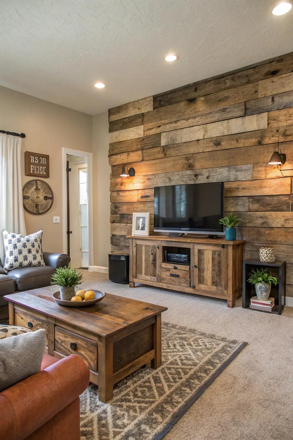 Upcycled timber feature wall contributes rustic appeal to this modern living area.