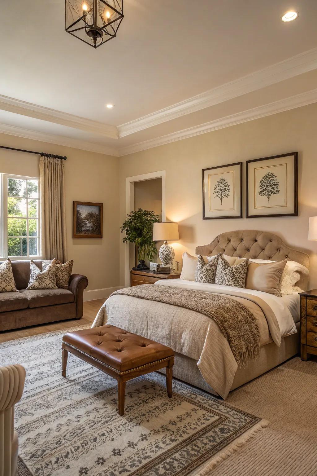 Neutral tones offer a peaceful foundation for any combined living room and bedroom.