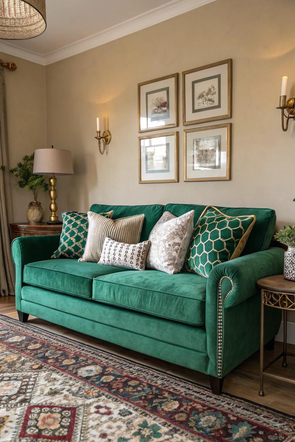 A daringly colored sofa that immediately captures attention.