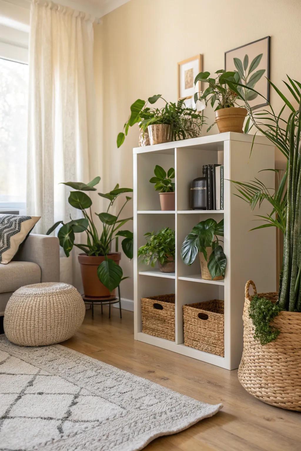 An indoor botanical display fashioned with cube storage, bringing the essence of the outdoors inside.