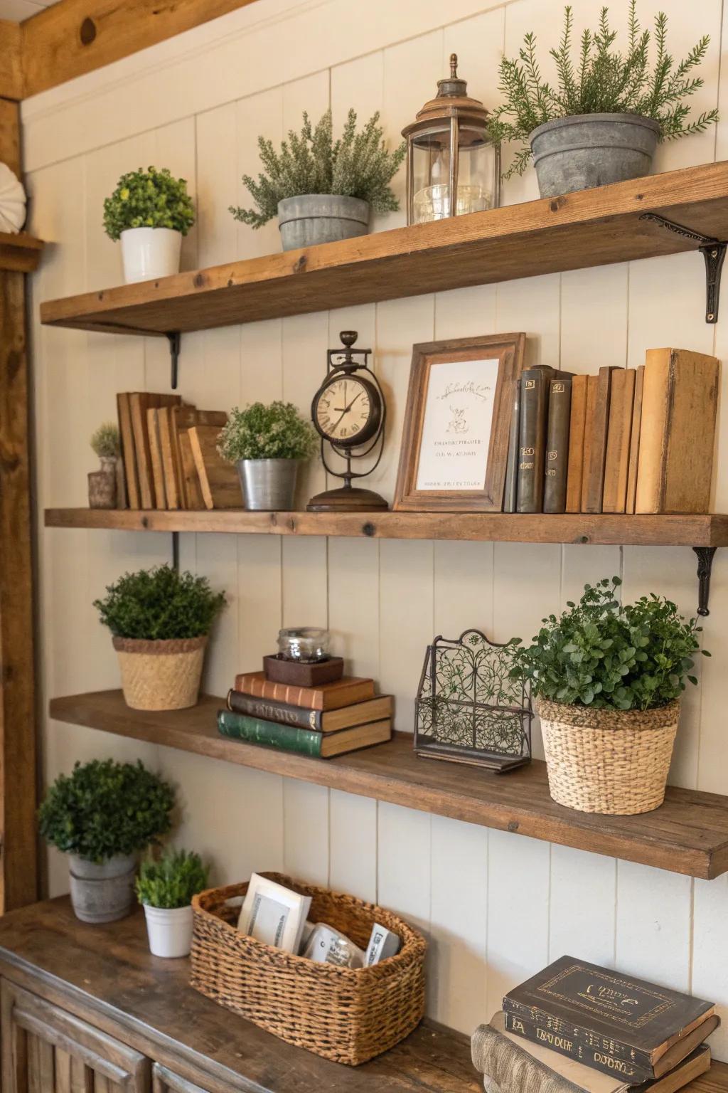 Wood shelves offer a rustic feel and functional storage.
