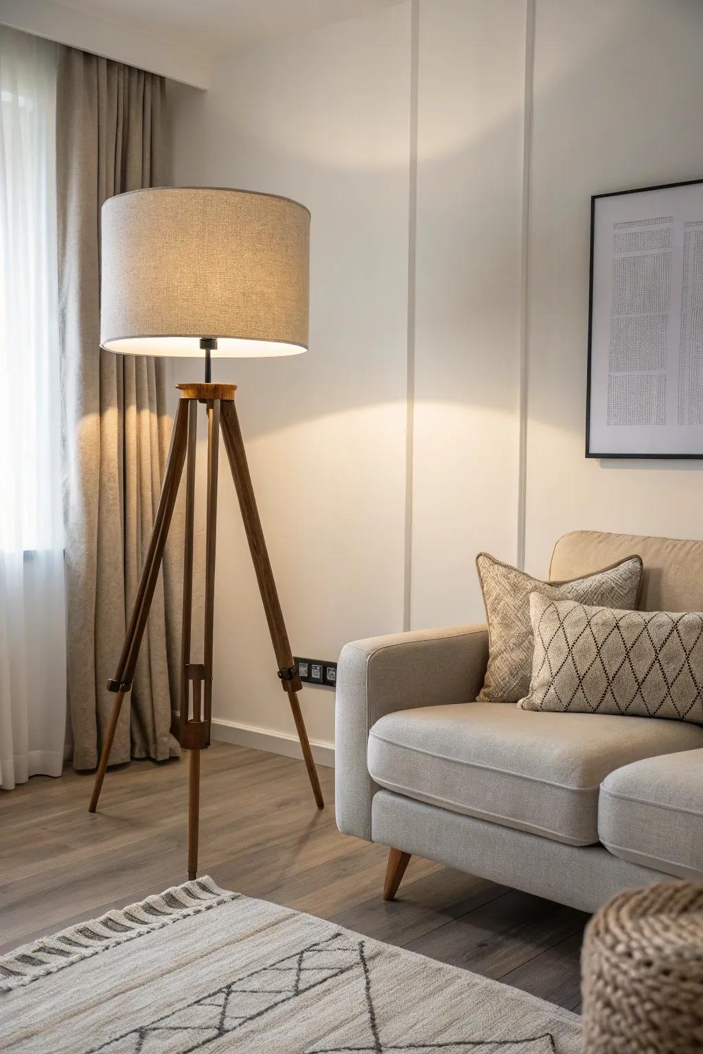 A minimalist living room showcasing a streamlined three-legged floor lamp.