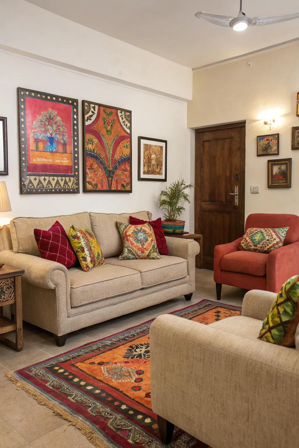 Bright accents enliven a neutral living room.