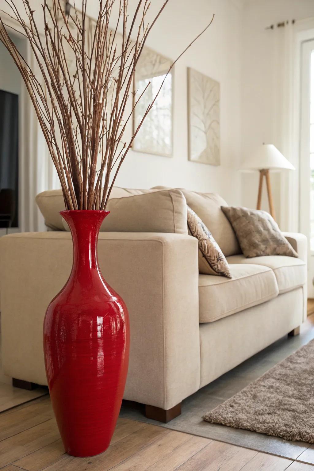 A vibrant crimson floor holder offers an impressive contrast in a neutral living room.