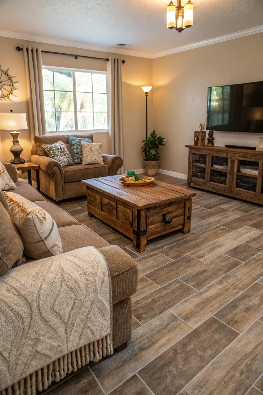Warm and welcoming living space featuring timber-style ceramic tiling.