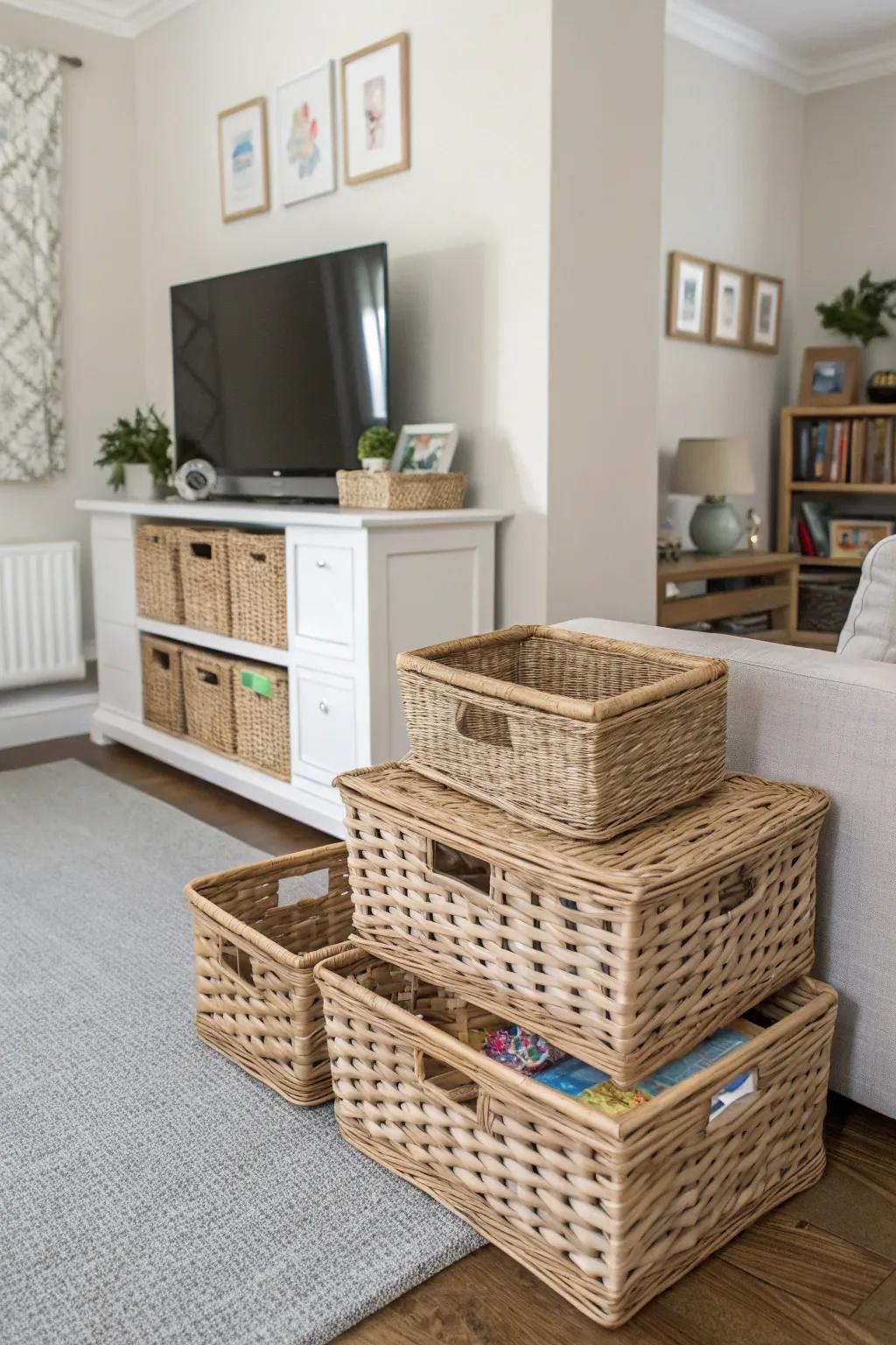 Wicker baskets provide both style and storage.