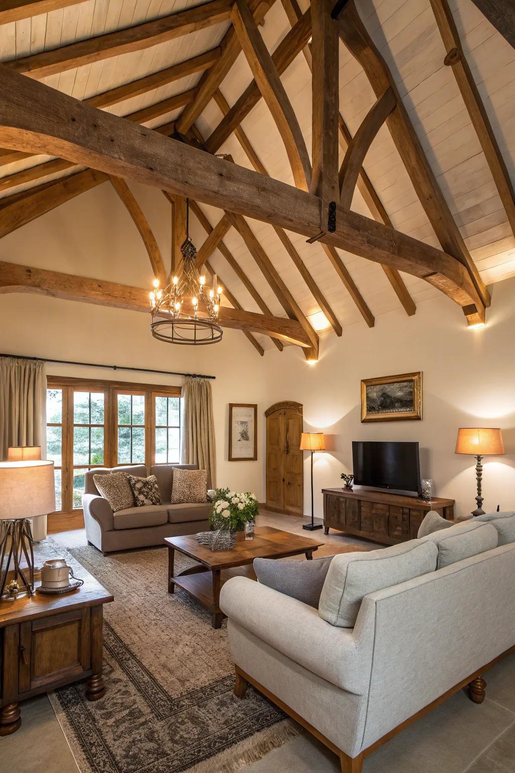 Decorative beams add traditional appeal to a high ceiling.