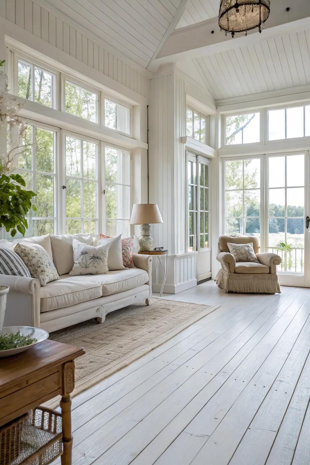 A sun-filled living space that emphasizes the airy appeal of bright hardwood floors.