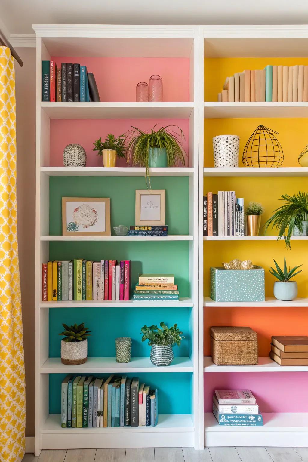 Bookshelves featuring color-blocked backgrounds introducing vibrant highlights to any living space.