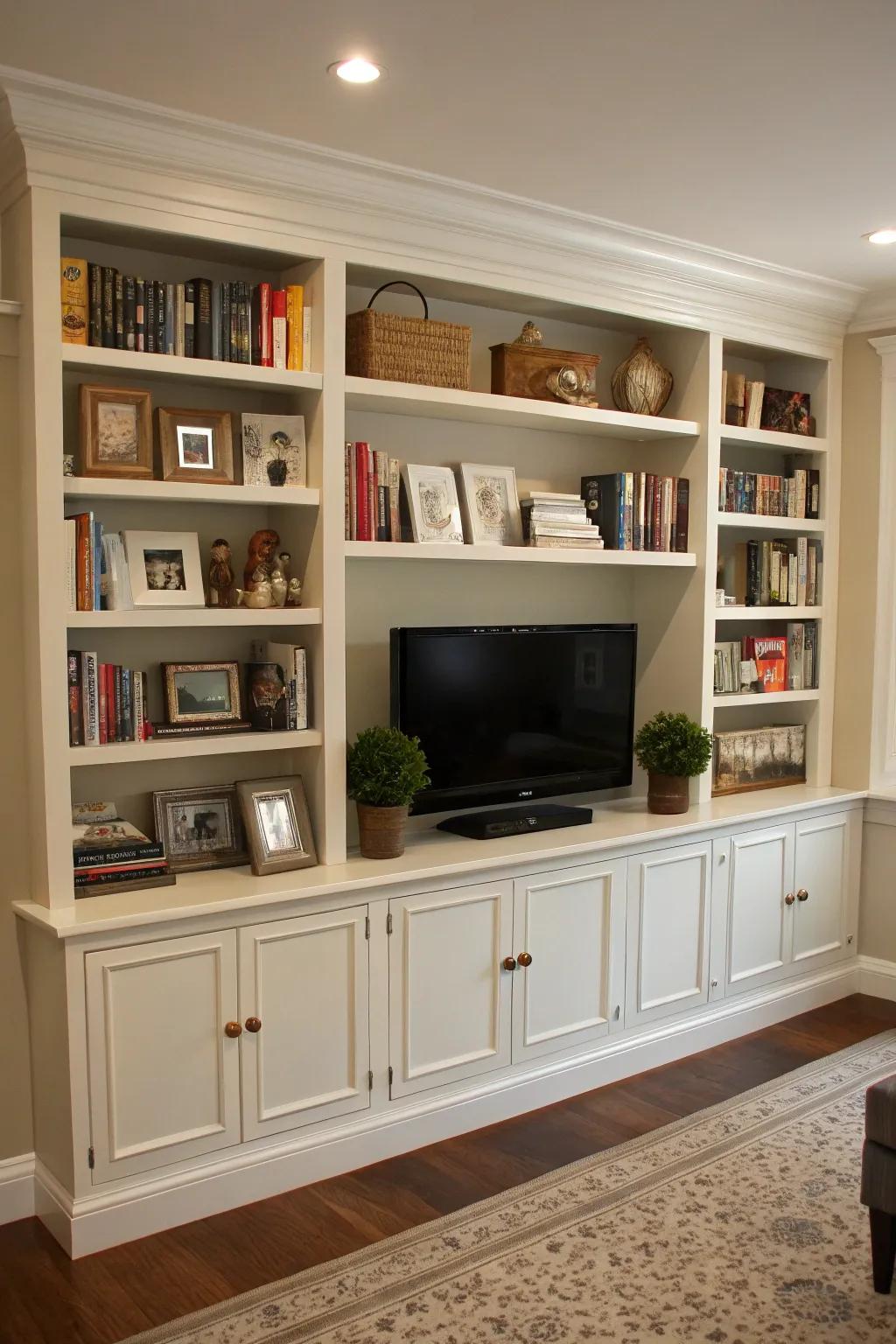 Integrated shelving around the TV creates a balanced, practical, and beautiful centerpiece.