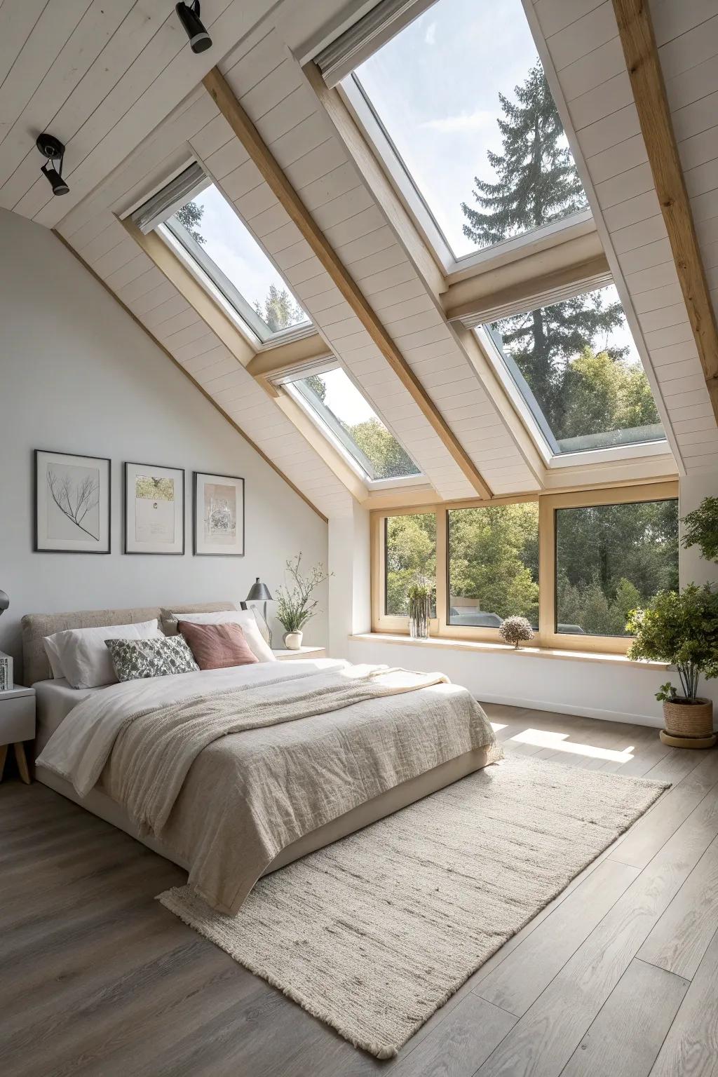 Welcome sunlight with skylights and large windows.
