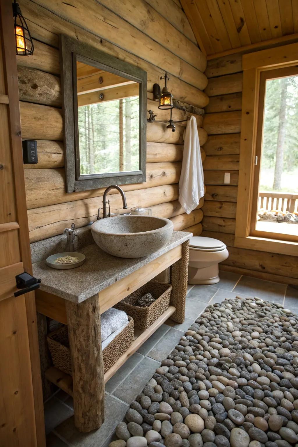 A log cabin bathroom featuring a stone sink and pebble shower floor.