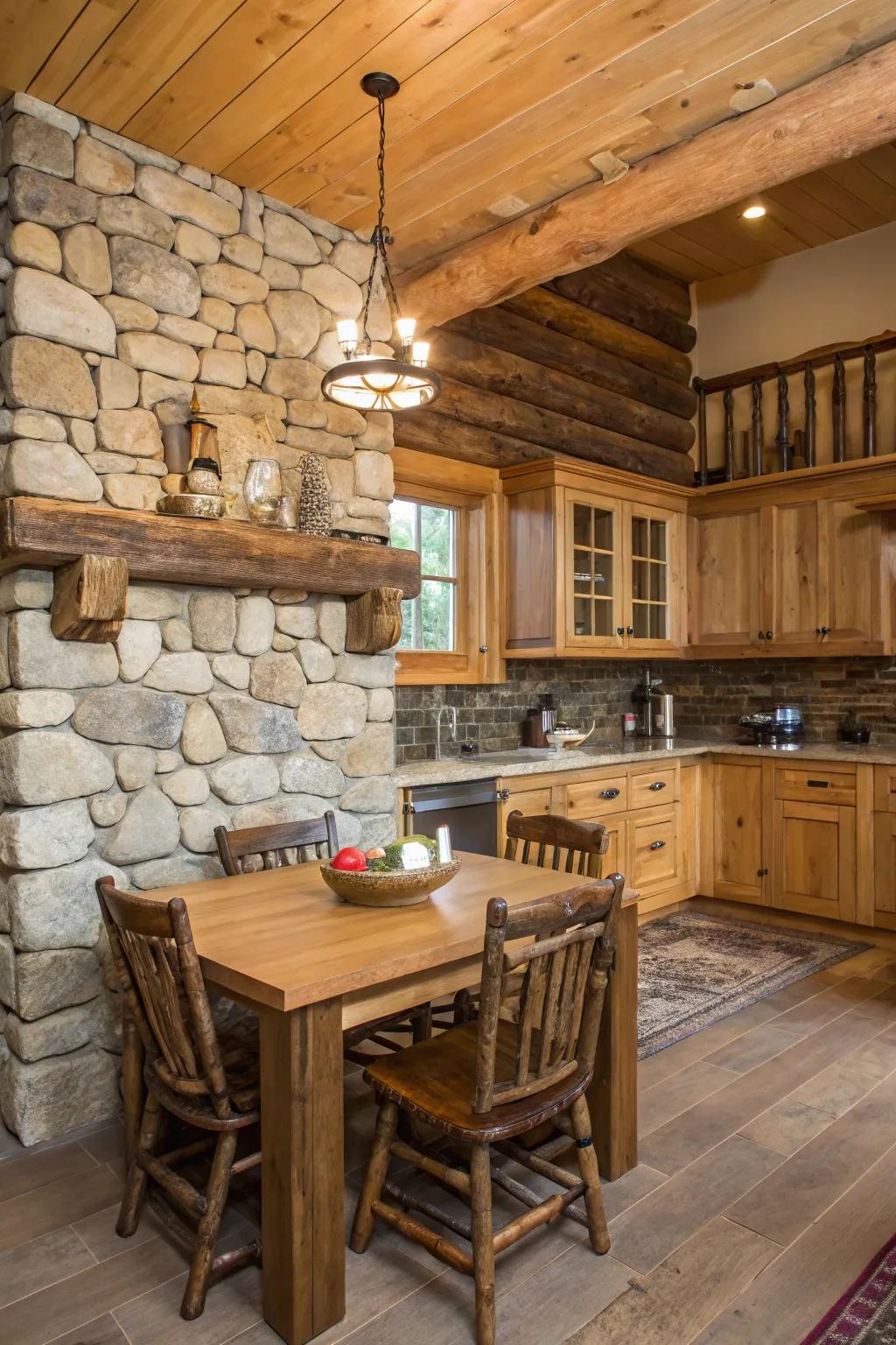 A country kitchen with a stone backsplash, wonderfully enhancing the wooden details.