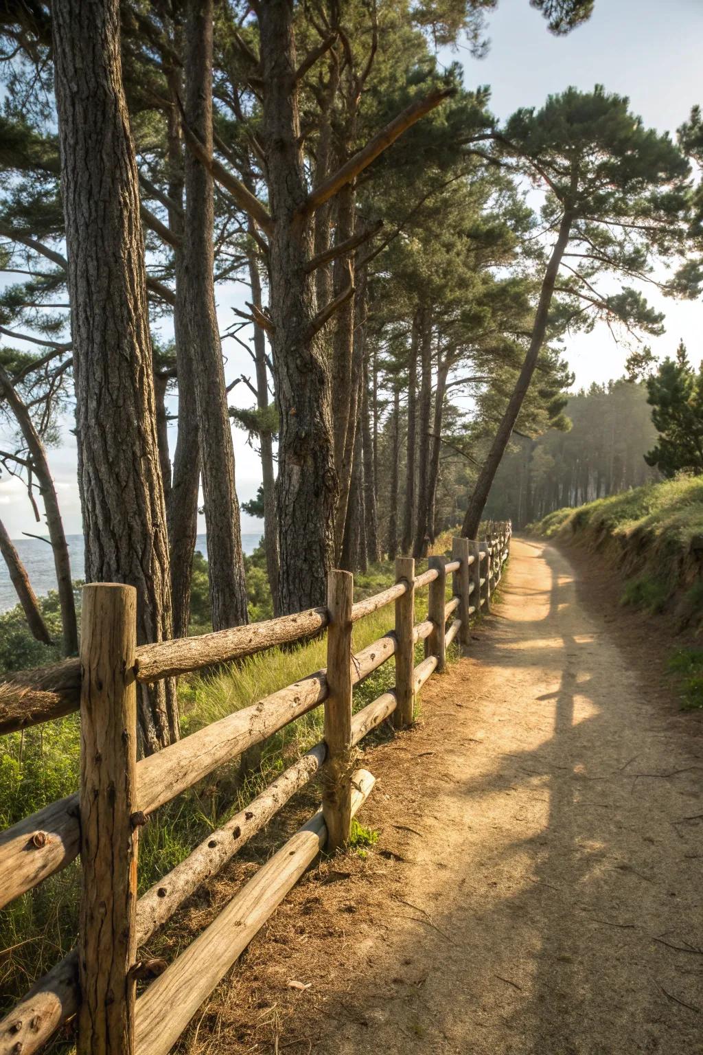 Rustic appeal through a log fence which complements natural landscapes.