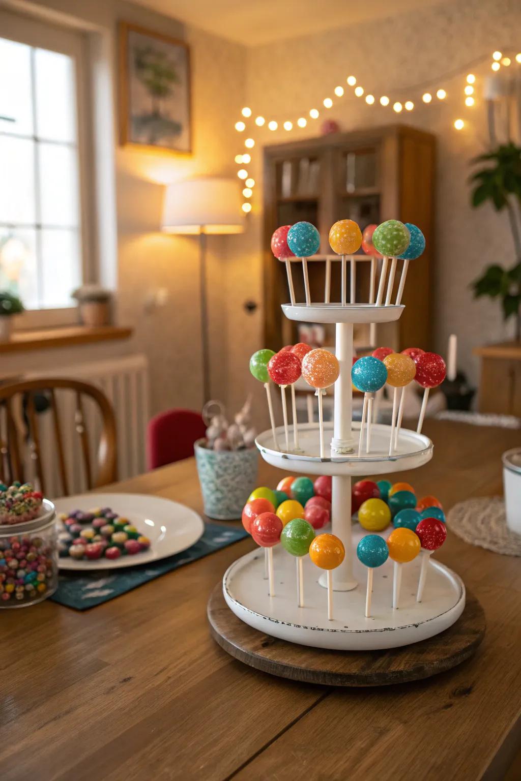 A layered display transforms lollipops into a refined centerpiece.
