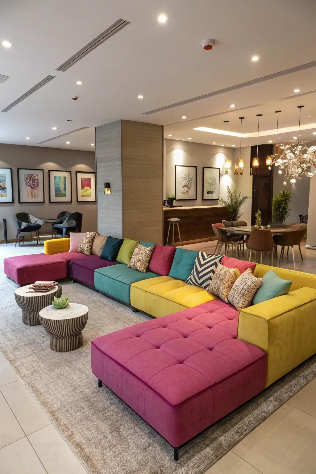 A vibrant sectional couch that acts as a striking focal point.