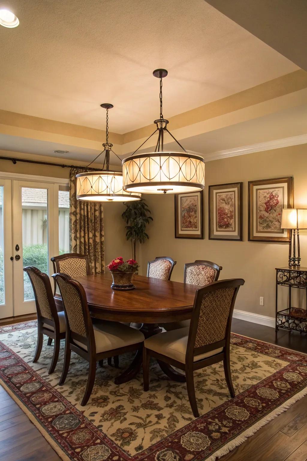 Semi-flush mount lighting creates a cozy dining environment.
