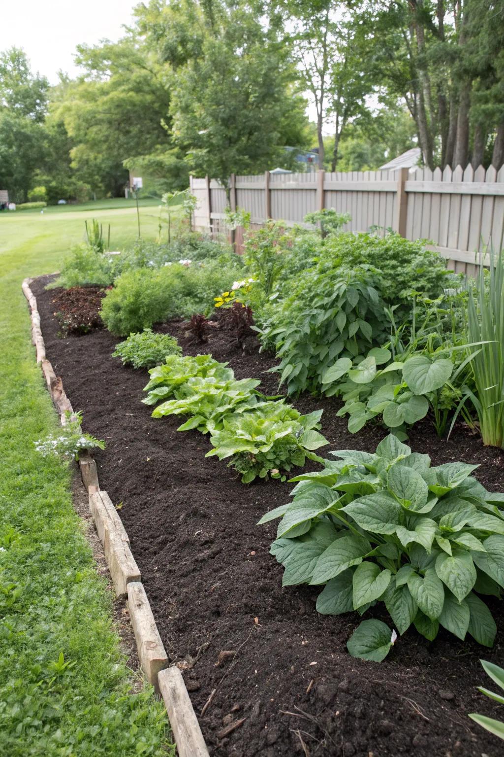 A garden bed mulched to retain moisture and prevent weed growth.