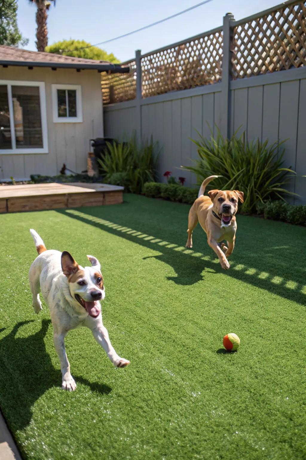 A lively pet paradise featuring easy-care artificial turf.