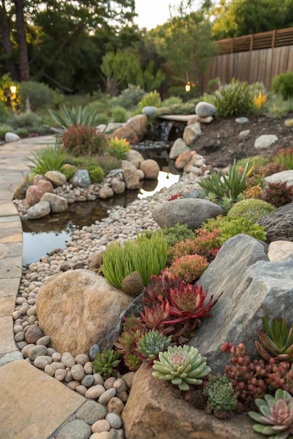 A balanced stone enclosure featuring diverse textures and hues.