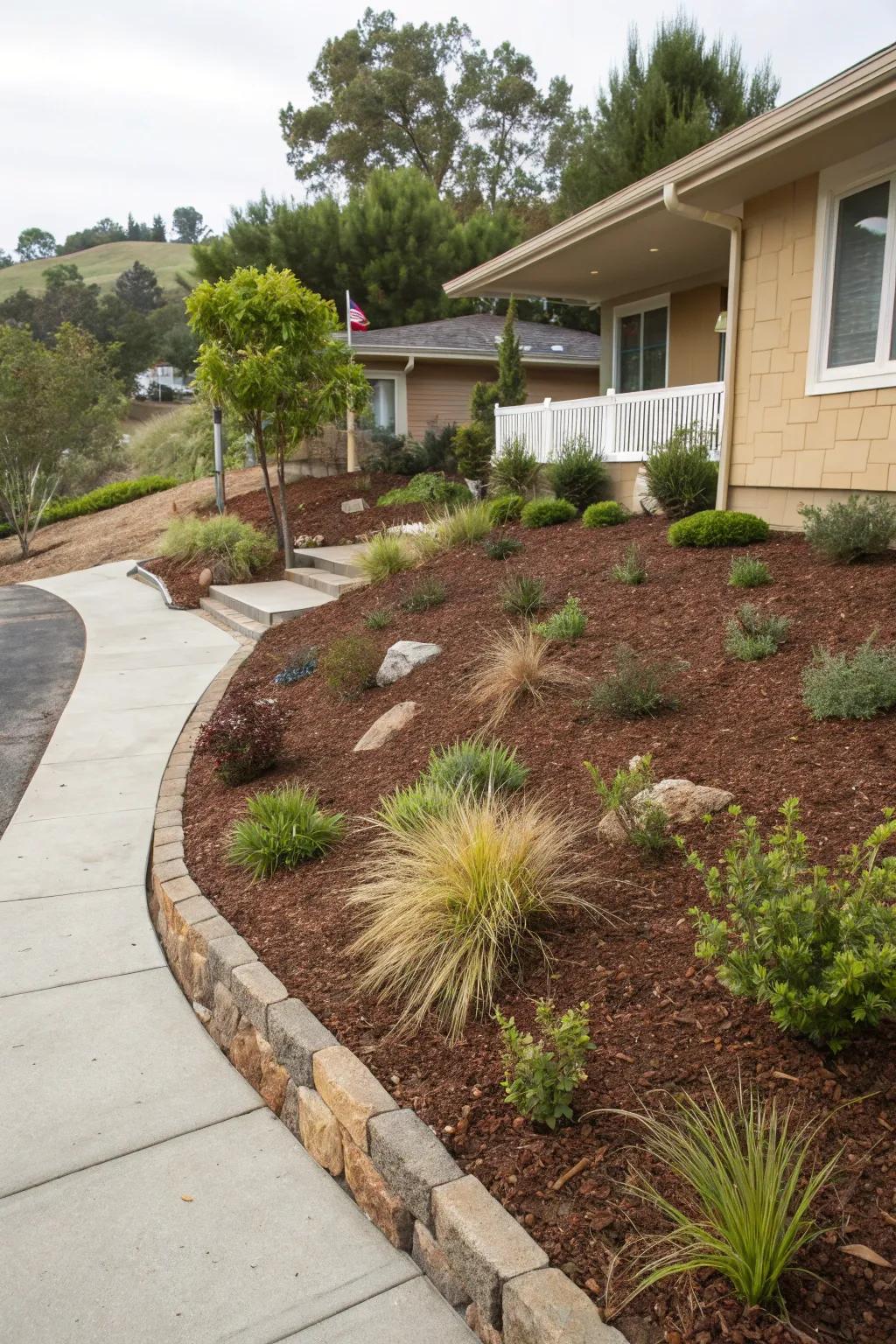 Mulched beds provide a tidy, low-maintenance solution for sloped yards.