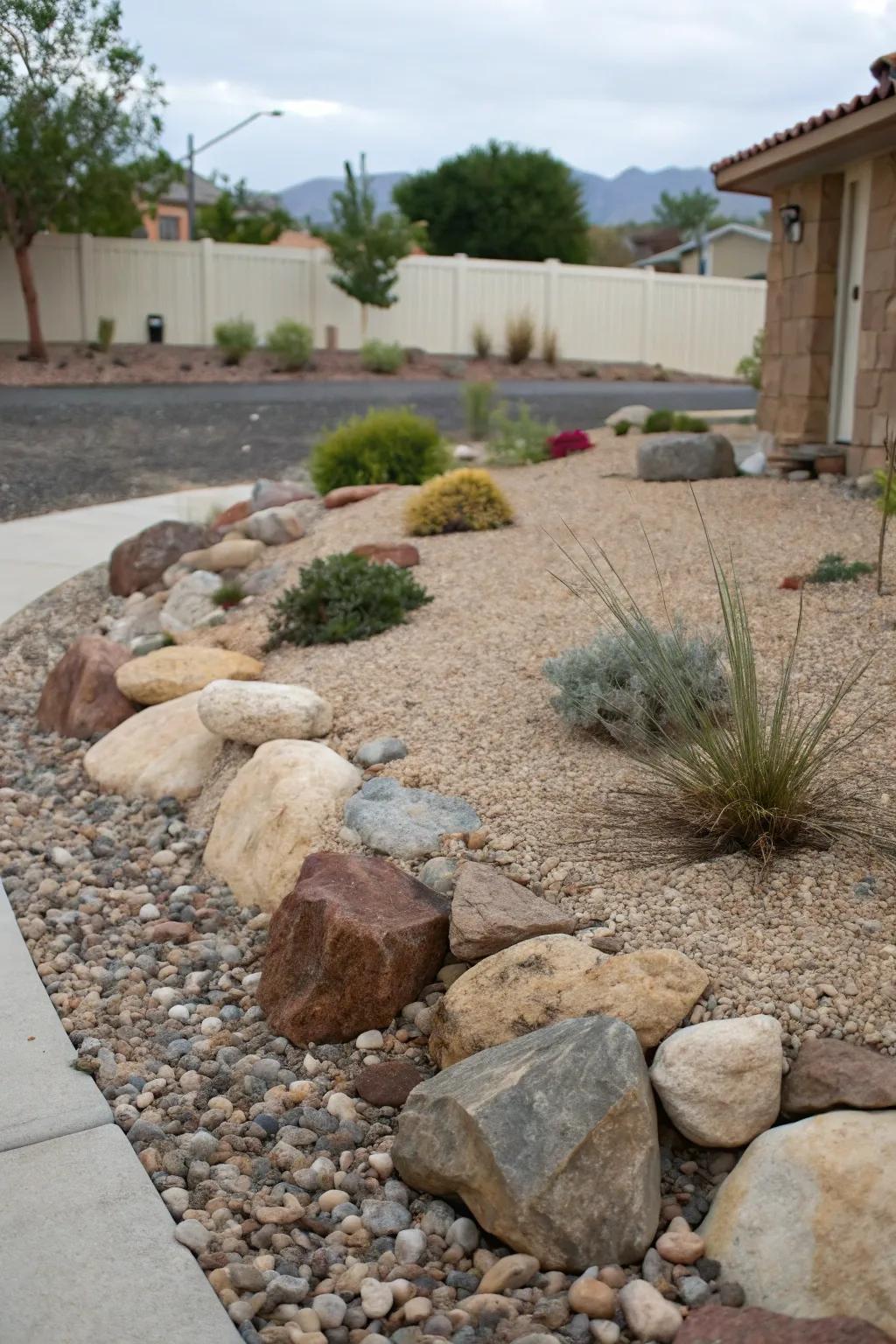 Gravel and stones allow for a water-smart and easy-care front yard design.