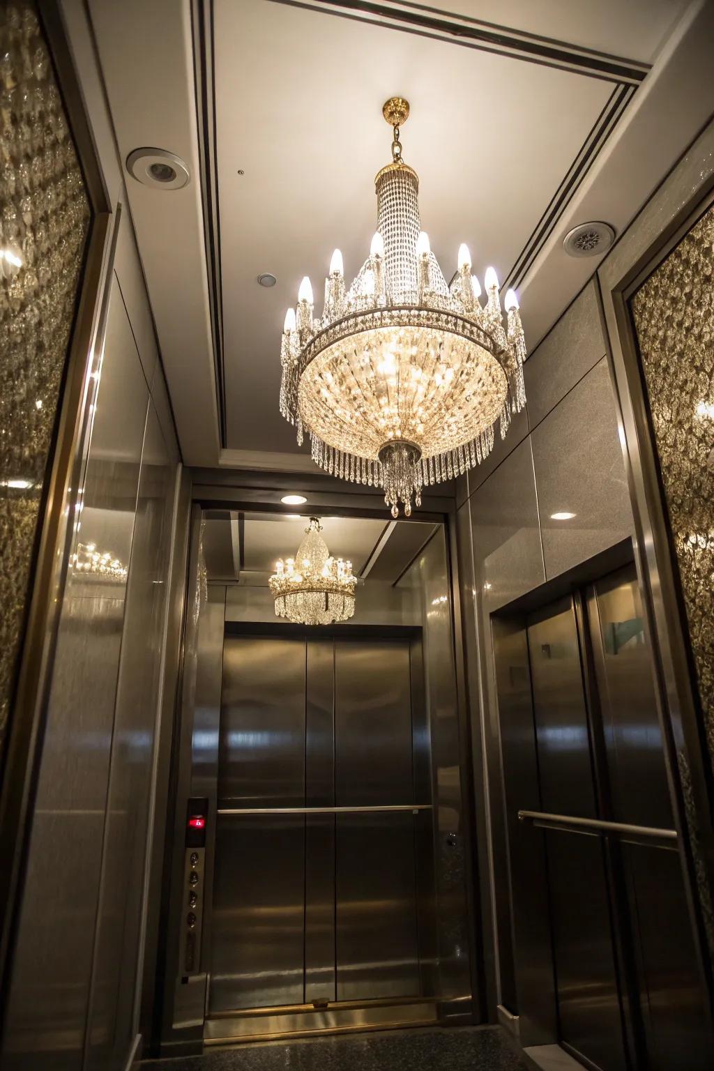 A sparkling pendant elevates the ambiance of an elegant elevator.