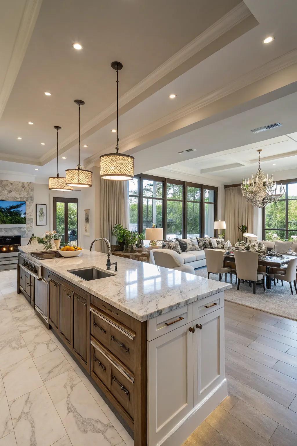 Open-plan kitchen providing a fluid layout and generous space.