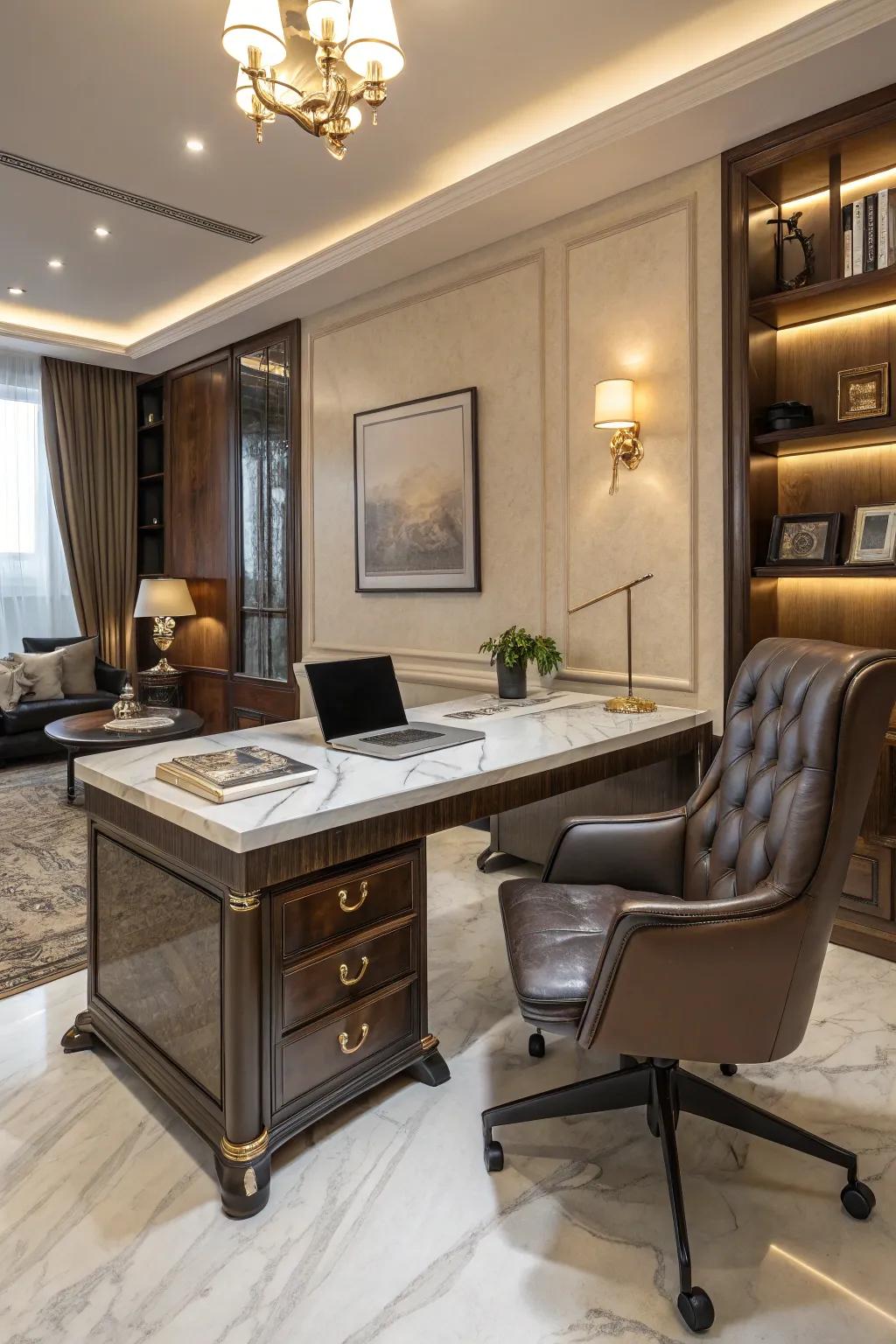 An opulent home office showcasing polished stone and fine leather components.
