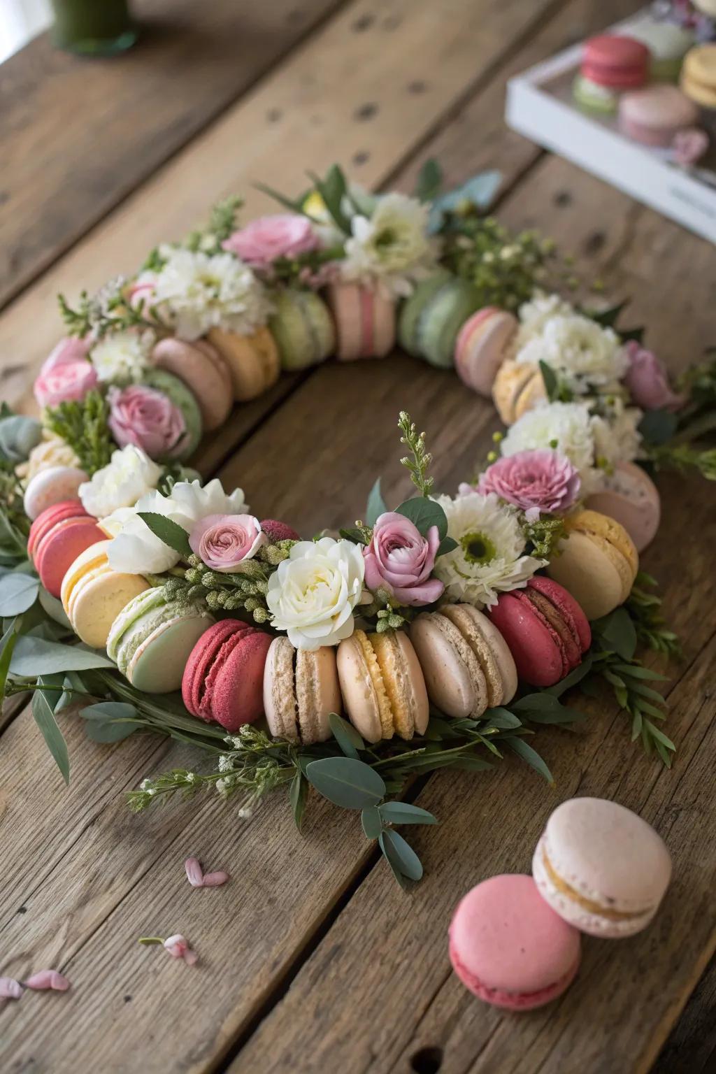 A blossom-adorned circle of macarons and natural blossoms.