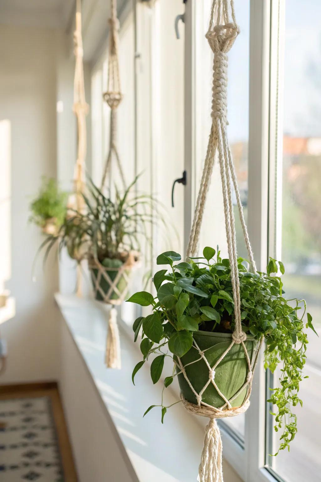 Macrame plant supports adding vitality and flair to a room's aesthetic.
