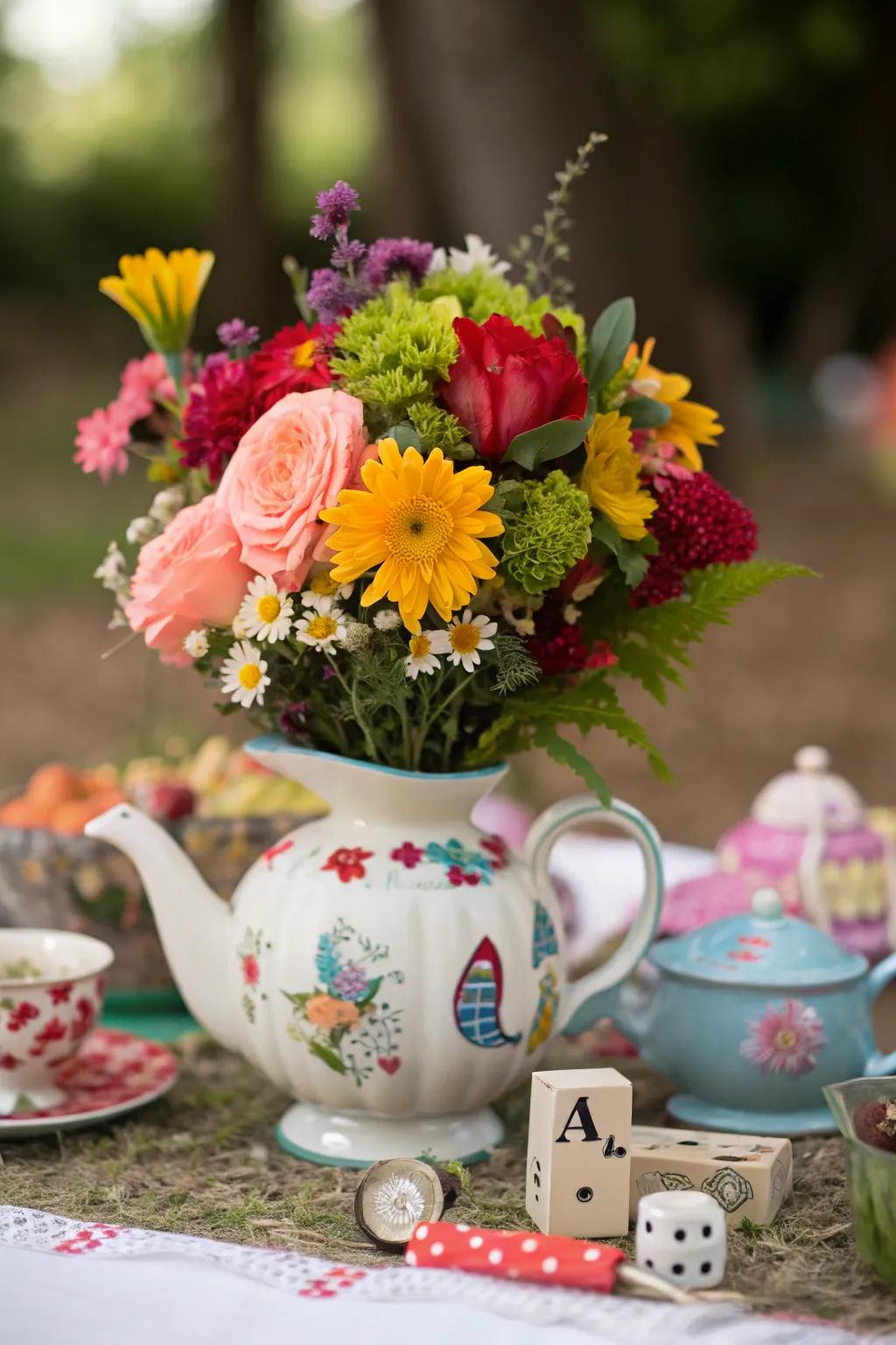 An enchanting serving pot centerpiece cascades with vibrant flowers and whimsical embellishments.