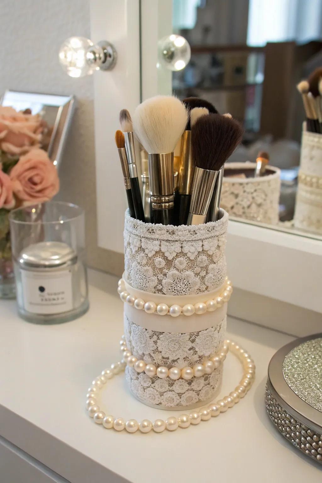 A decorative stand brings a personal touch to makeup brush arrangement.