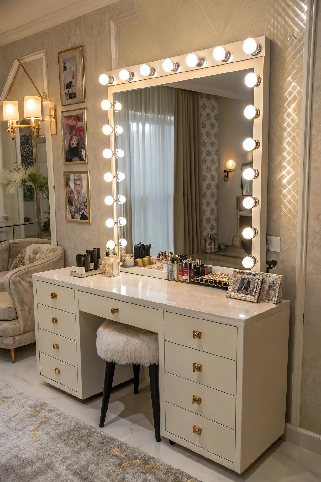 Stage-style lights create a glamorous ambiance.